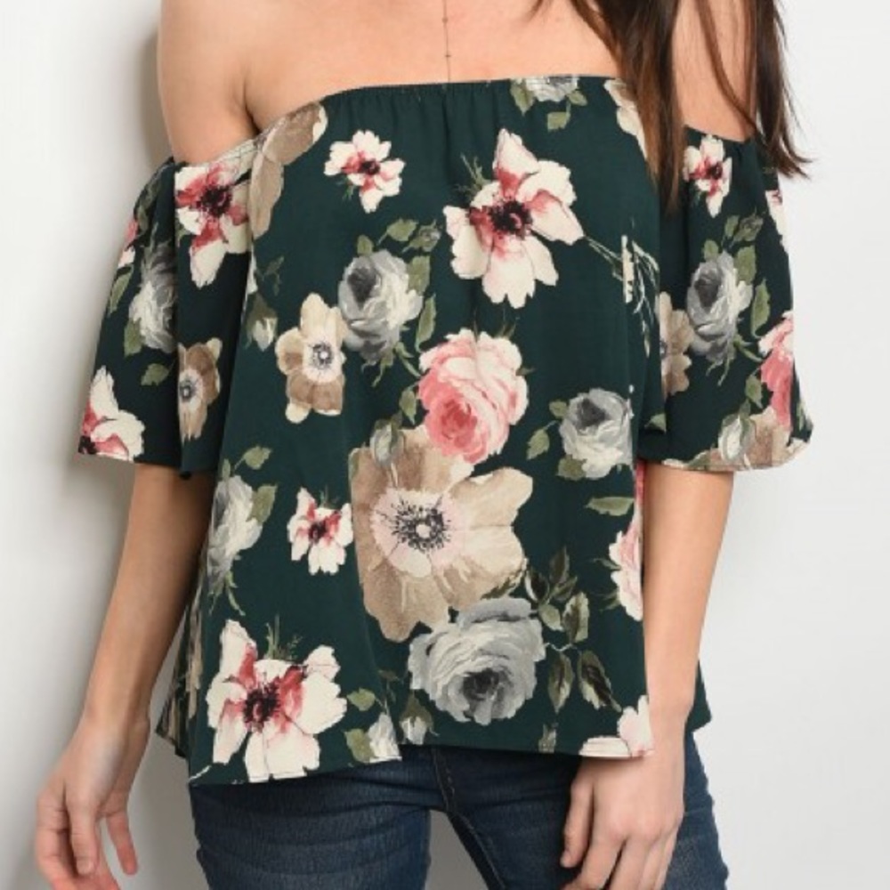 LAST! • Green Floral Short Sleeve Off Shoulder Top - Picture 3 of 4